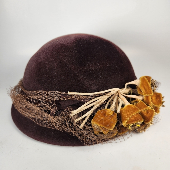 Vintage FLAMAND Velour Hat Floral Made Italy Chocolate Brown Netting 1930s Saks - Picture 9 of 9